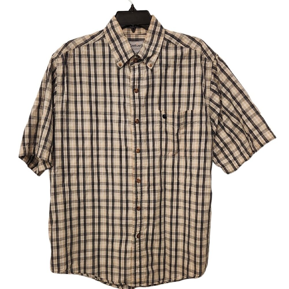 Carhartt Plaid Shirt Short Sleeve Button Down Navy Blue/Black Mens Large EUC